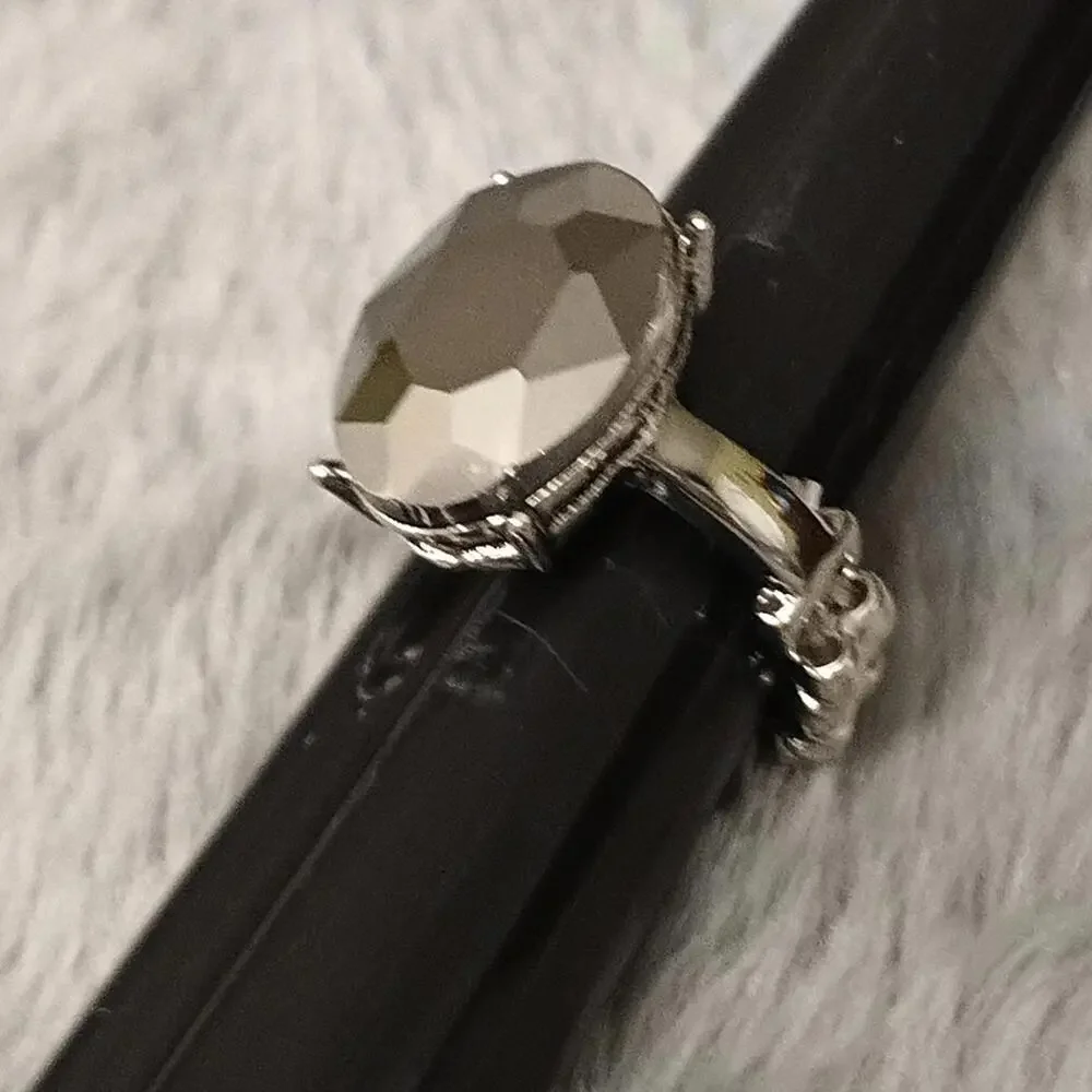 Silvertone Black Faceted Stone Statement Ring Stretch‎ OSFM New_2